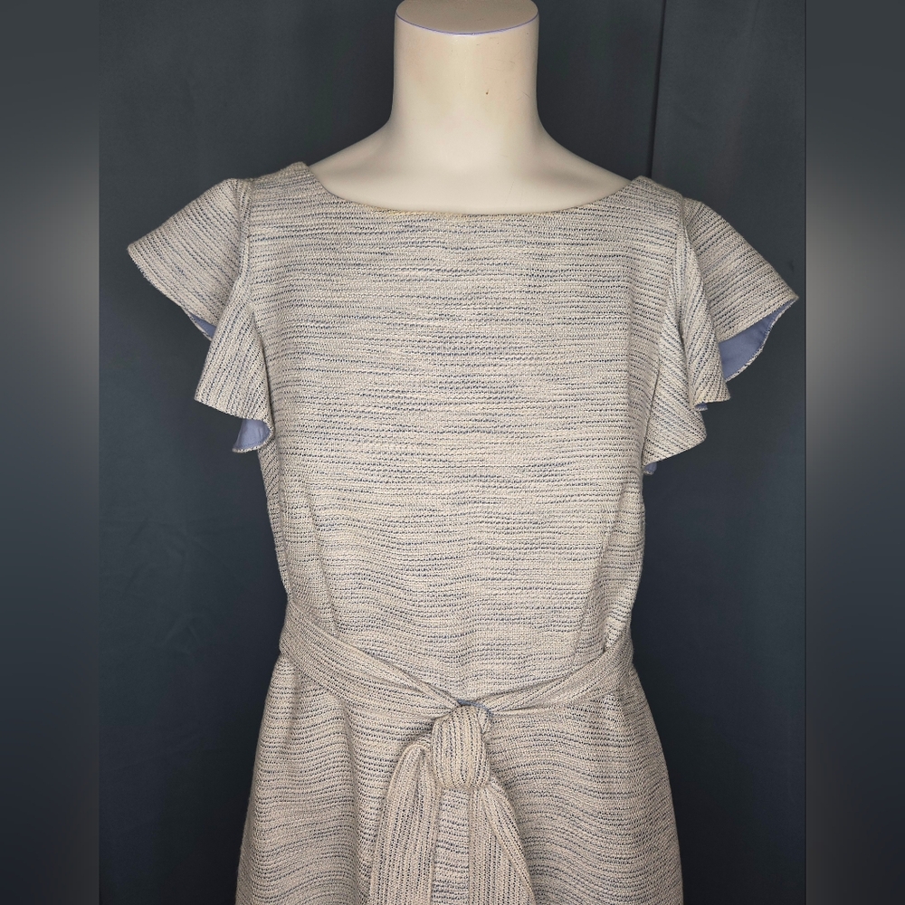 Gal Meets‎ Glam Tweed Flutter Sleeve Belted Midi Dress Blue Cream Size 6 NWOT